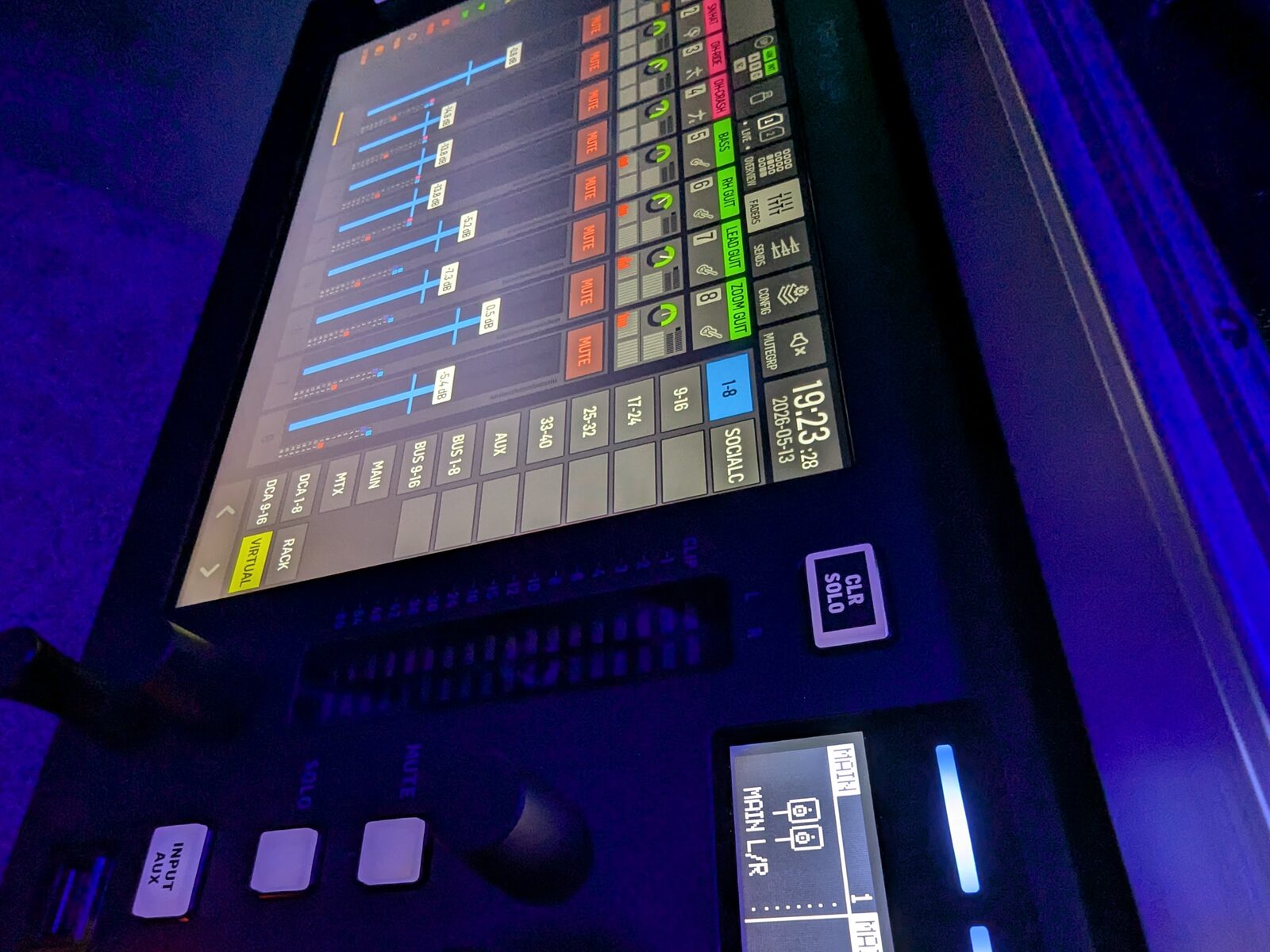 My mixing console with the screen lit, before a show
